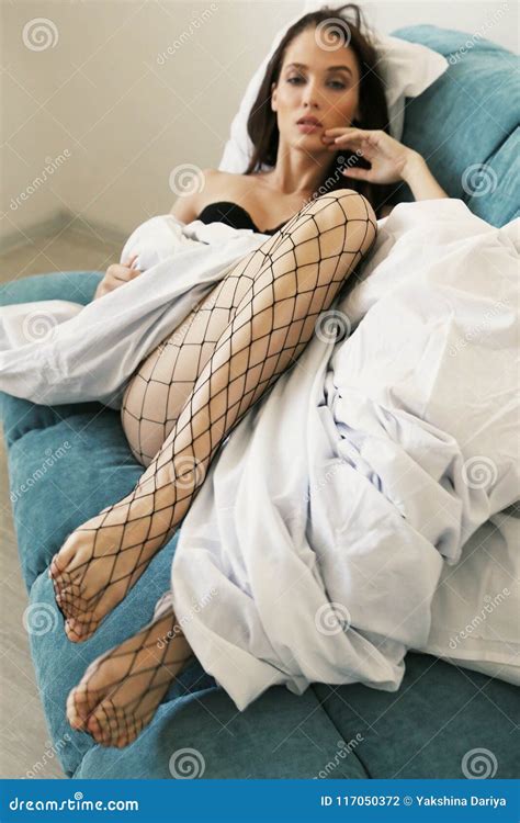 Beautiul Woman With Dark Hair In Black Lingerie Posing In B Stock Photo Image Of Brunette