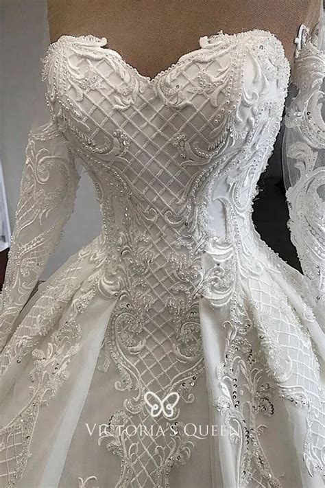 Illusion Sweetheart Long Sleeve Pearled Bridal Ballgown Vq