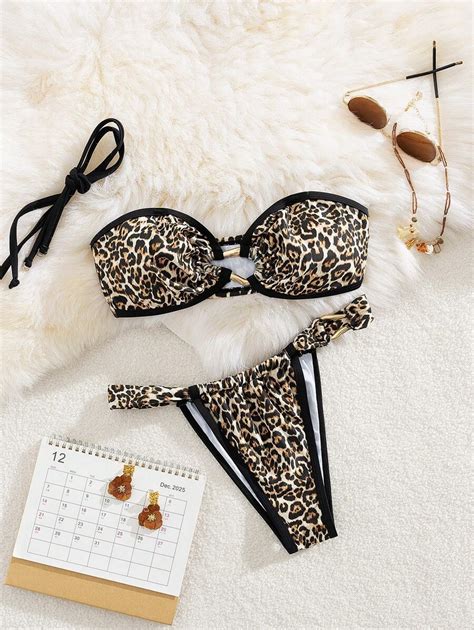 Women S Convertible Strap Strapless Leopard Print Spliced Bikini Swimwear Piece Set With Metal