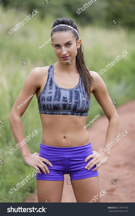 Skinny Brunette Model Posing Smile Wearing Stockfoto