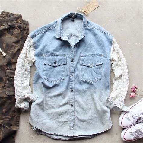 Denim And Lace Boyfriend Shirt Casual Denim Tops From Spool No72