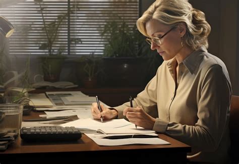 Premium AI Image A Blonde Senior Psychologist Engaging In Office Preparations