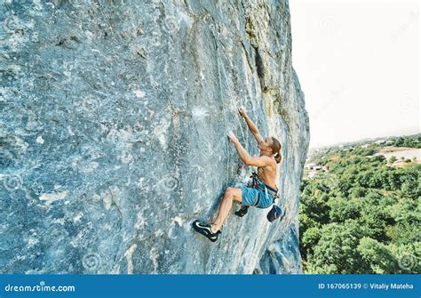 Muscular Man Rockclimber With Naked Torso Climbing On Tough Sport Route Stock Image Image Of
