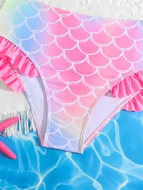 Tween Girl Summer Beachwear Set Mermaid Scale Pattern Bow Knot Bikini And Bottom SHEIN EUR
