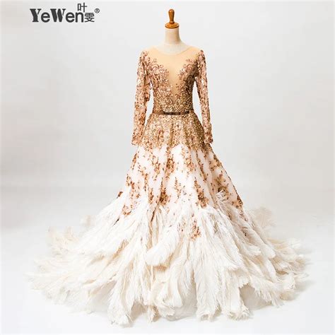 Ostrich Feathers Gold Long Sleeves V Neck Sequined Bridal Dresses