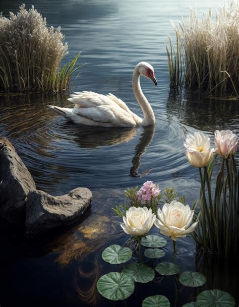 Premium Photo White Swan Swimming In A Lake With Water Lilies And Reeds