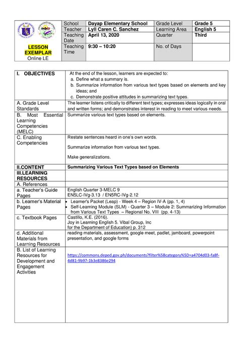 Lesson Exemplar ODL Summarizing Various Text Types Based On Elements