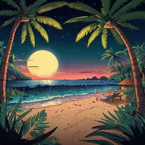 Una Pintura De Una Escena De Playa Con Palmeras Y Un Hombre En La Playa