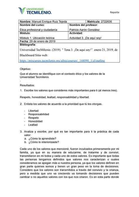 Actividad 3 Etica Profesional Reporte Nombre Manuel Enrique Ruiz