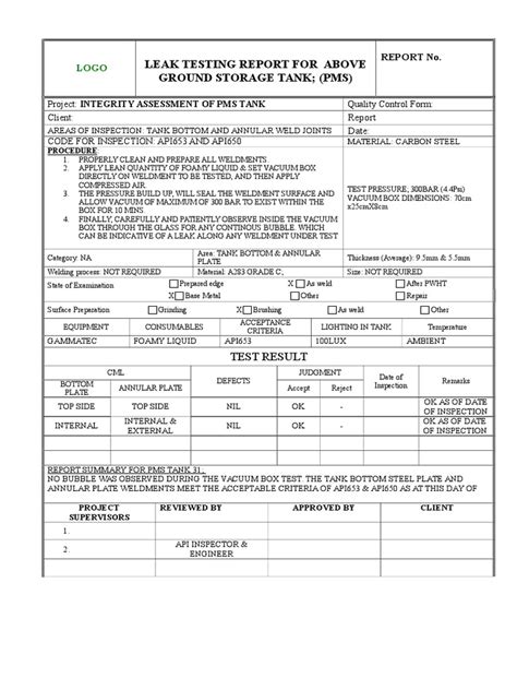 Hydrostatic Pressure Test Report Template