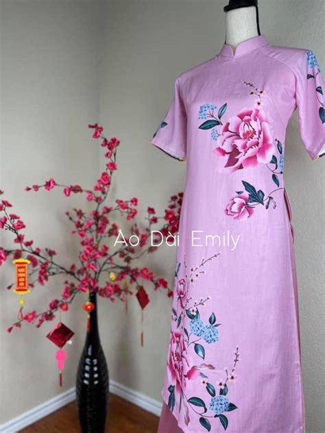 Pre Made Pink Flower Ao Dai Set Pants Included Double Layers Ao Dai