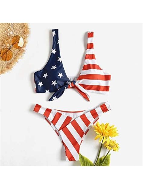 Buy TSWRK Tie Knot Front American USA Flag Bikini Set Triangle Cheeky Bottom Two Piece Bathing