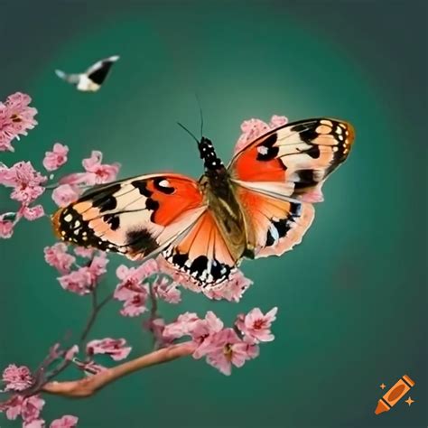 Japanese Butterfly Surrounded By Cherry Blossom And Birds On Craiyon