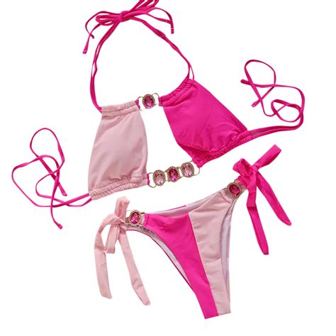 Arnsht Women Color Block Swimsuit Rhinestone Halter Thong Low Rise Bikini Set Vacation Beach