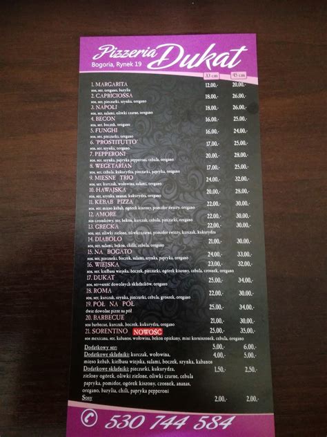 Menu At Pizzeria Dukat Poland