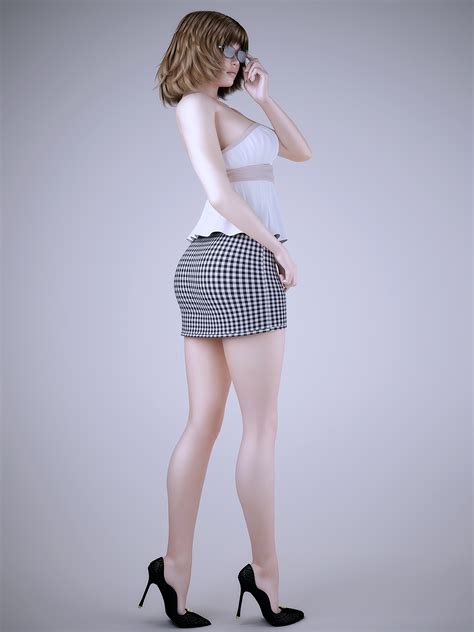 Realistic Short Haired Brunette In Poses Wearing Sexy Mini Skirt D Model