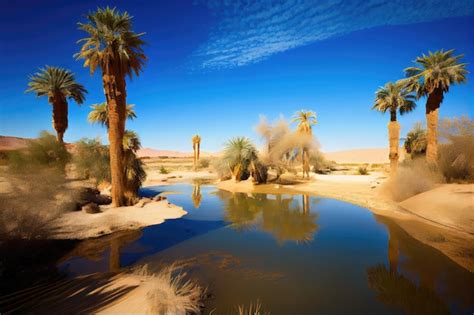 Premium AI Image View Of Oasis With Palm Trees And Clear Blue Skies