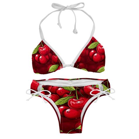 Cherry Stylish Bikini Set With Detachable Sponge Adjustable Strap Pack Beach Ready
