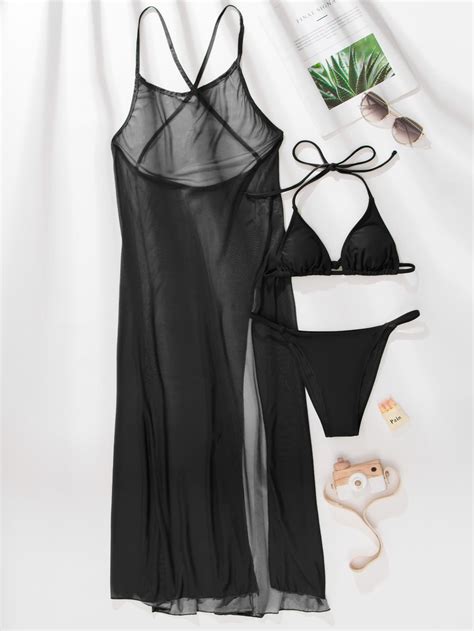 SHEIN Swim Conjunto de bikini de triángulo halter liso para playa de verano con cobertura Mode