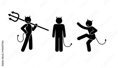 Set Of Devil Illustrations Horned Demon Icon With Trident Isolated