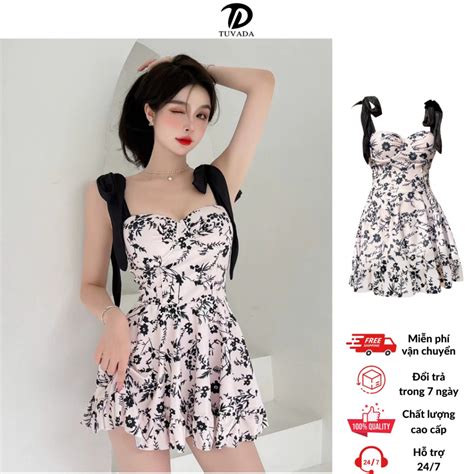 Bikini 1 mảnh họa tiết hoa đen Tuvada đồ bơi nữ có đệm mút đồ đi biển cao cấp BHN120