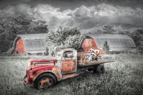 Rusty Old Truck And Barns In Black And White And Red Photograph By