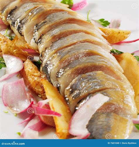 Sliced Fish With Baked Potatoes Stock Photo Image Of Food