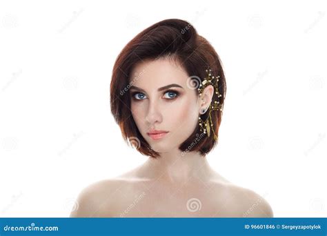 Beauty Portrait Of Adult Adorable Fresh Looking Brunette Woman With Gorgeous Makeup Diy