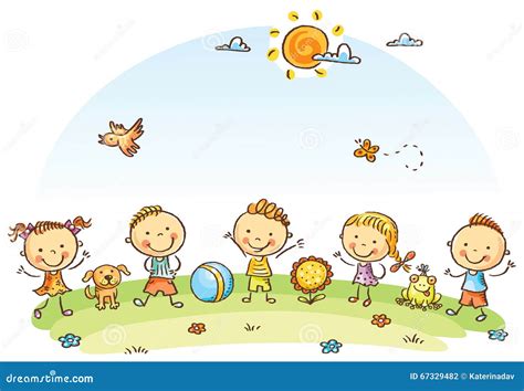 Happy Cartoon Kids Outdoors On A Green Meadow Vector Illustration ...