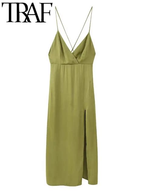 Traf Summer Sexy Satin Women Slip Dress Traf V Neck Sleeveless Backless