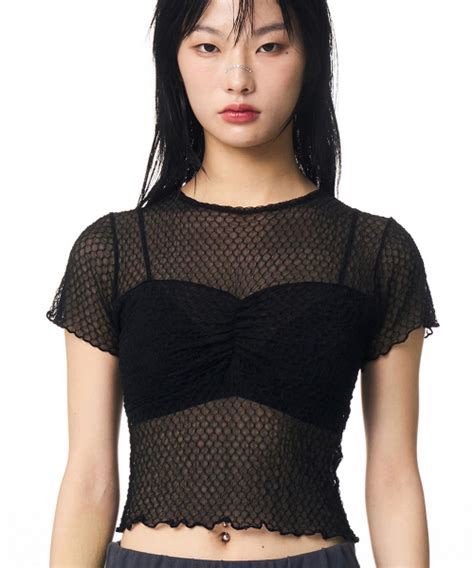 Musinsa Illigo Lace Shirring Crop T Shirt Black