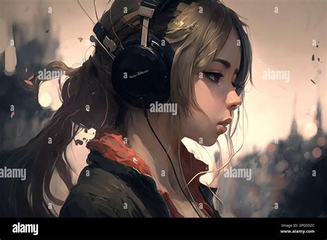 Anime Girl With Headphones Listens Music Portrait Of Teenager Illustration Generative Ai