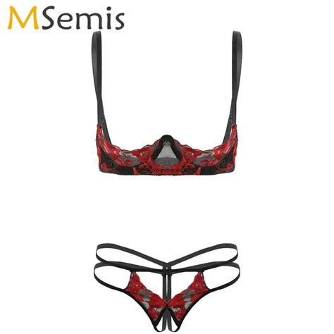 Erotic Womens Embroidery Lace Lingerie Set Sexy Cupless Bare Bra With Open Crotch String Panties