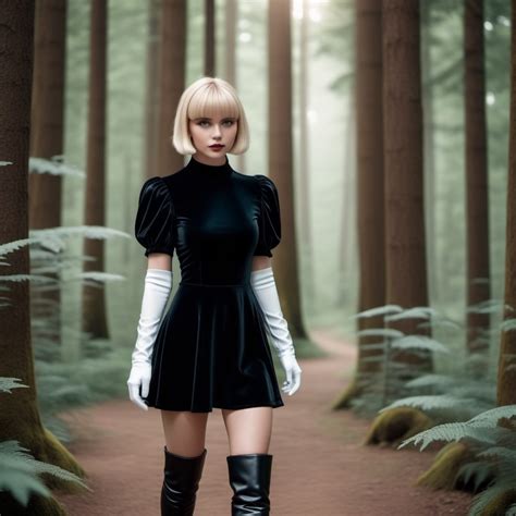 Blonde Woman Strolling In Forest Wearng Black Dress And Boots Stable