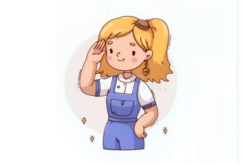 Cheerful Blonde Chibi Girl Character In Korean Cartoon Style Saluting Flat 2D Vector Art