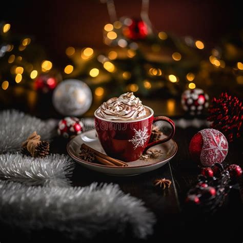 Hot Chocolate With Decoration On A Cozy Blur Christmas Lights Background Stock Illustration