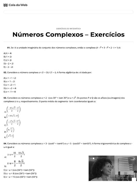 Números Complexos Lista Com 10 Exercícios Resolvidos - Cola Da Web | PDF