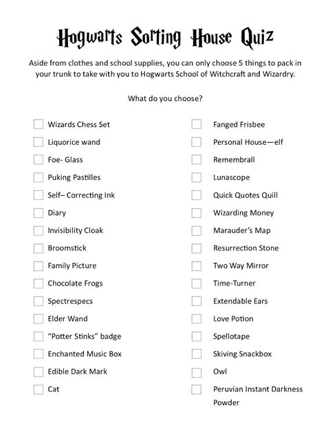 Printable Harry Potter House Quiz