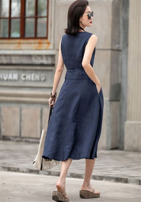 Sleeveless Linen Midi Dress Casual Sun Dress Linen Midi Dress Women