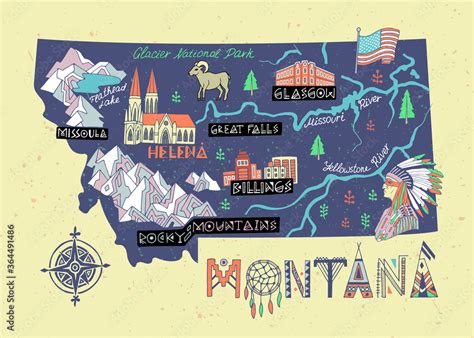 illustrated map  montana state usa travel  attractions souvenir
