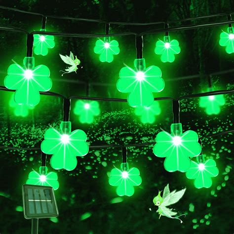 Behiller Green Shamrock Solar Garden String Lights For St Patricks Day Outside Decorations