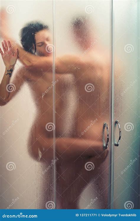 Muscular Man And Naked Woman Valentines Day Couple In Love With Body Relax In Shower Sex