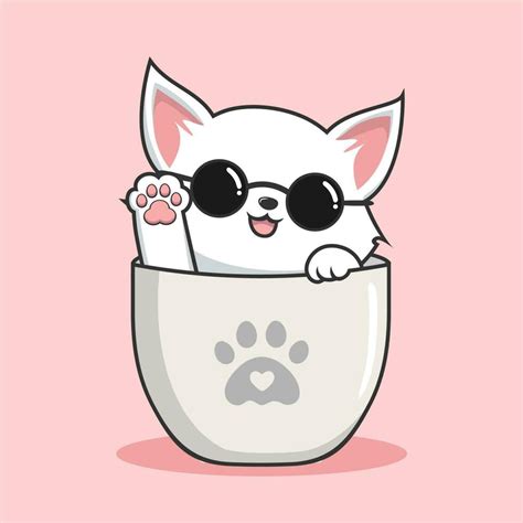 Cat In Mug With Round Glasses Cute White Pussy Cat In Cups Mug Illustration 23634057 Vector