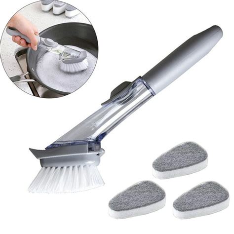 Dish Brush with Soap Dispenser - Pot Scrubber Kitchen Sink Pan Brush with 3 Sponge Refill ...