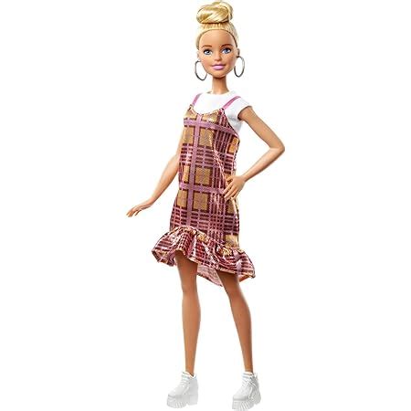 Barbie Fashionistas poupée mannequin 87 blonde avec mèches jaune et robe t shirt grise avec