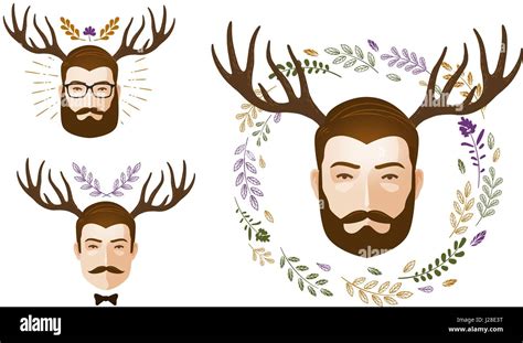 Portrait of man and deer antlers. Surrealism vector illustration Stock ...