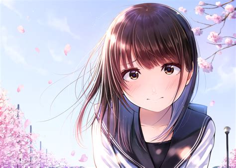 Blush Brown Eyes Brown Hair Cherry Blossoms Close Flowers Kentaurosu