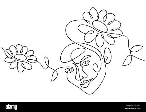 Hand Drawing One Line Woman Surreal Face And Flower Isolated On White