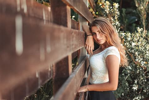 Women Blonde Blue Eyes White Tops Looking At Viewer Fence