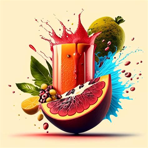 Premium Photo Realistic Fruits Juice Splash Burst Composition With